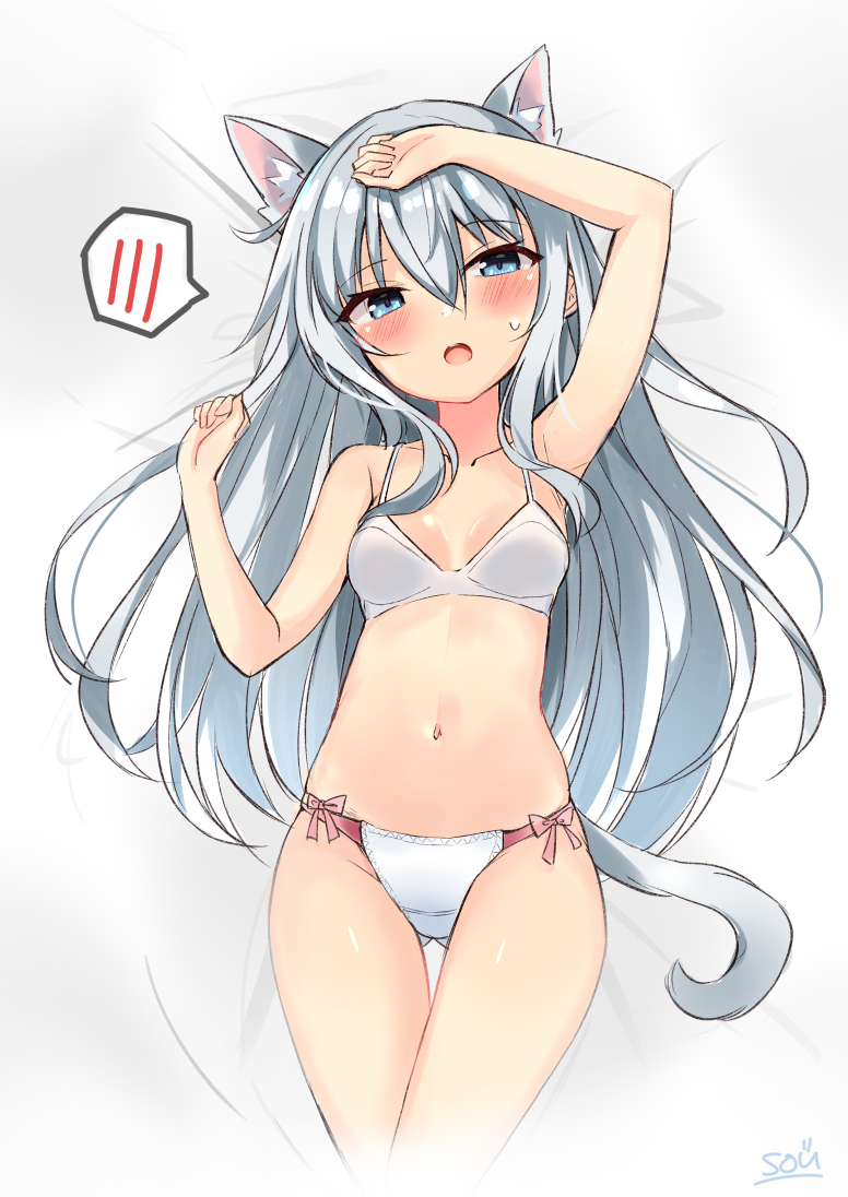 1girl animal_ears artist_name bed_sheet blue_eyes blush bra breasts cat_ears cat_tail collarbone eyebrows_visible_through_hair hair_between_eyes hibiki_(kancolle) kantai_collection long_hair looking_at_viewer navel open_mouth panties signature silver_hair small_breasts solo sou_(soutennkouchi) spoken_blush tail underwear underwear_only white_bra white_panties