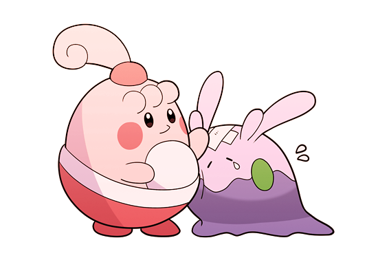 bandaid black_eyes blush_stickers closed_eyes commentary_request egg flying_sweatdrops goomy happiny headpat jaho pokemon pokemon_(creature) simple_background standing teardrop white_background