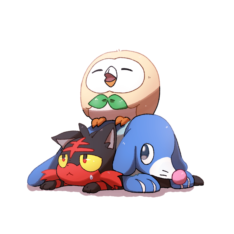 :&lt; beak bird closed_eyes closed_mouth commentary_request litten looking_back miu_(miuuu_721) no_humans open_mouth pokemon pokemon_(creature) popplio rowlet simple_background starter_pokemon_trio sweatdrop tongue white_background