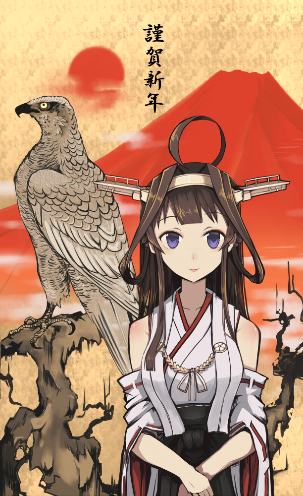 1girl ahoge animal bare_shoulders bird black_hakama breasts brown_hair closed_mouth collarbone detached_sleeves double_bun hairband hakama happy_new_year headgear japanese_clothes kantai_collection kongou_(kancolle) large_breasts long_hair new_year nontraditional_miko remodel_(kantai_collection) ribbon-trimmed_sleeves ribbon_trim solo violet_eyes wide_sleeves yuzuruka_(bougainvillea)