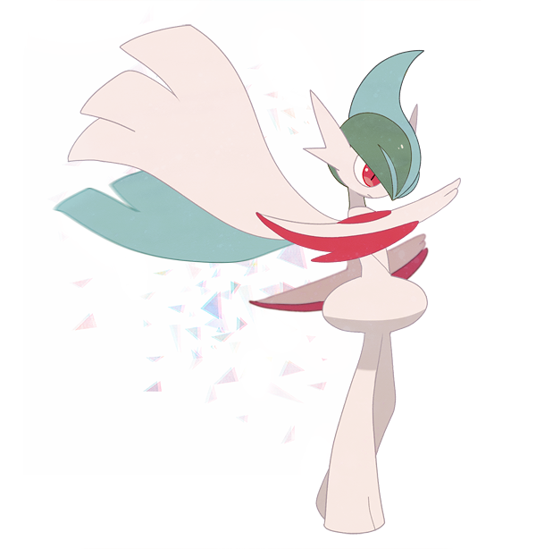 blade chromatic_aberration closed_mouth colored_skin commentary_request full_body gallade green_hair jaho mega_gallade mega_pokemon pokemon pokemon_(creature) red_eyes solo standing white_background white_skin