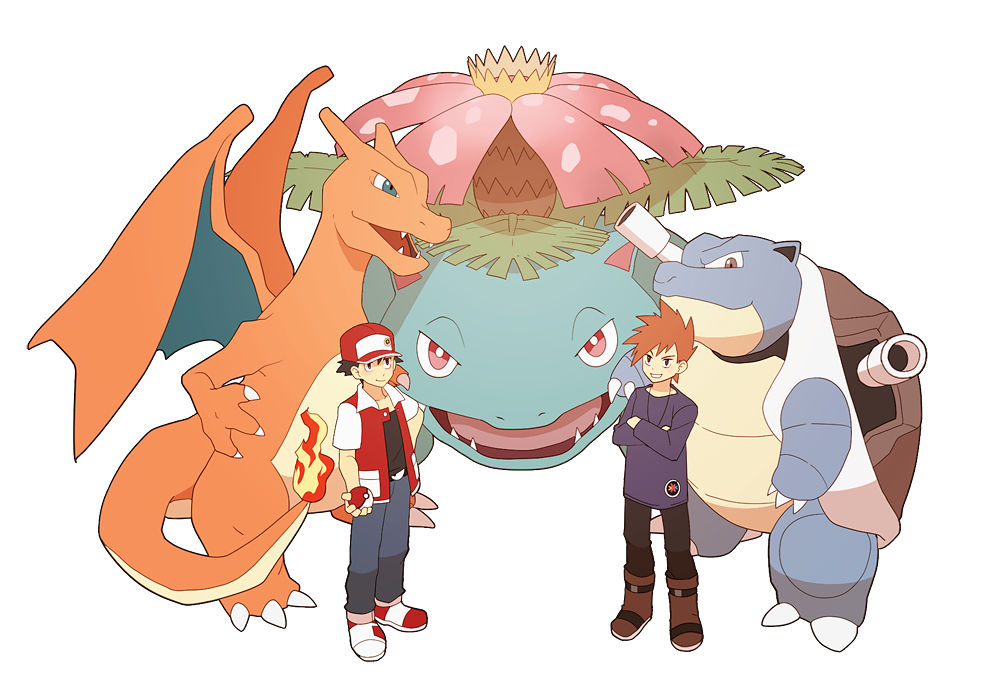 2boys bangs baseball_cap black_pants blastoise blue_oak boot_straps boots brown_footwear charizard closed_mouth commentary_request crossed_arms hat holding holding_poke_ball jacket jaho jewelry long_shirt long_sleeves male_focus multiple_boys necklace pants pants_tucked_in poke_ball poke_ball_(basic) pokemon pokemon_(creature) pokemon_(game) pokemon_rgby purple_shirt red_(pokemon) red_headwear shirt shoes short_hair short_sleeves smile spiky_hair standing transparent_background venusaur