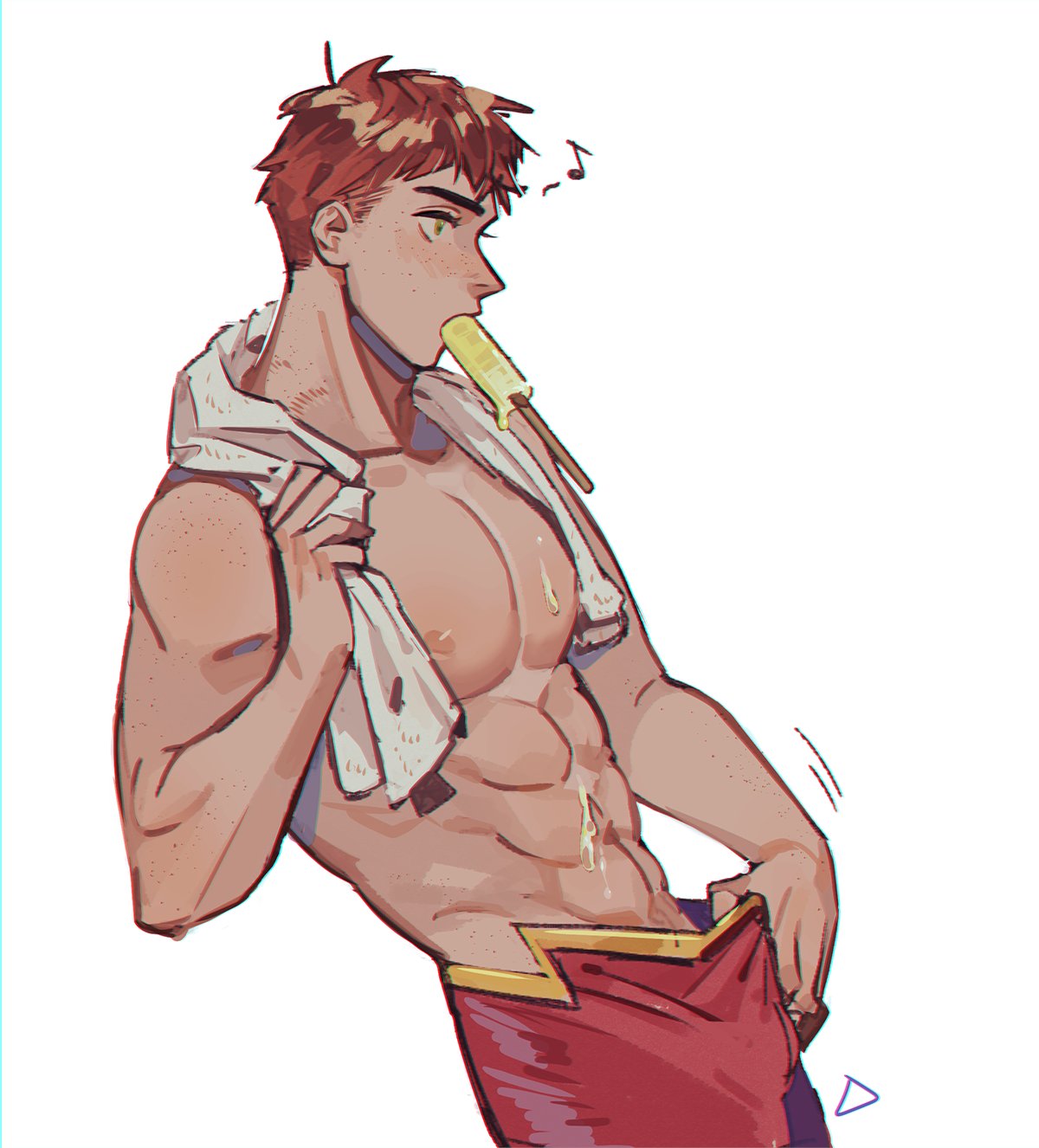1boy abs bananakiiwi food food_in_mouth green_eyes highres male_focus muscular muscular_male musical_note navel nipples orange_hair pants pectorals popsicle red_pants short_hair simple_background solo the_flash_(series) topless_male towel towel_around_neck wally_west young_justice