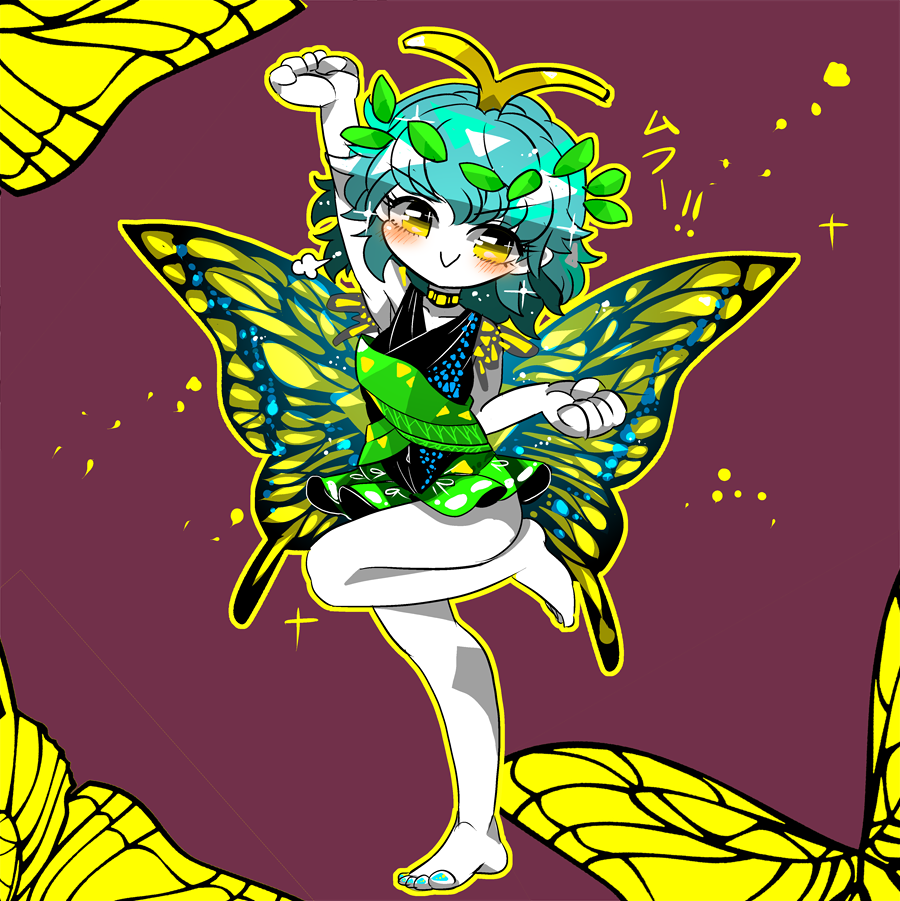 1girl :&gt; antennae aqua_hair arm_up barefoot blush butterfly_wings closed_mouth dress eternity_larva eyebrows_visible_through_hair fairy full_body green_dress hair_between_eyes leaf leaf_on_head multicolored_clothes multicolored_dress purple_background short_hair short_sleeves single_strap smile solo touhou v-shaped_eyebrows wings yellow_eyes yt_(wai-tei)