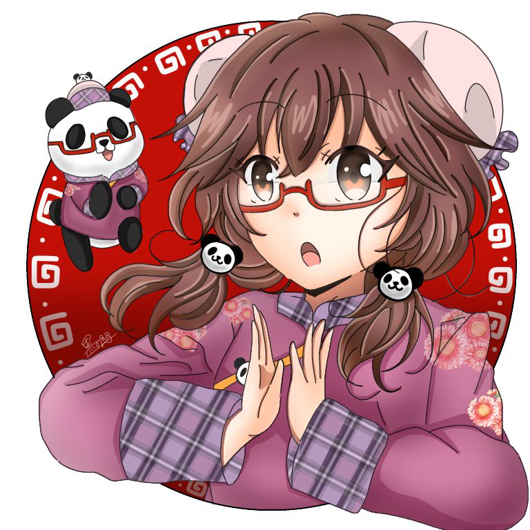 1girl alternate_costume brown_eyes brown_hair chinese_clothes double_bun floral_print glasses hair_ornament kuronon panda panda_hair_ornament plaid_sleeves purple_shirt shirt touhou usami_sumireko