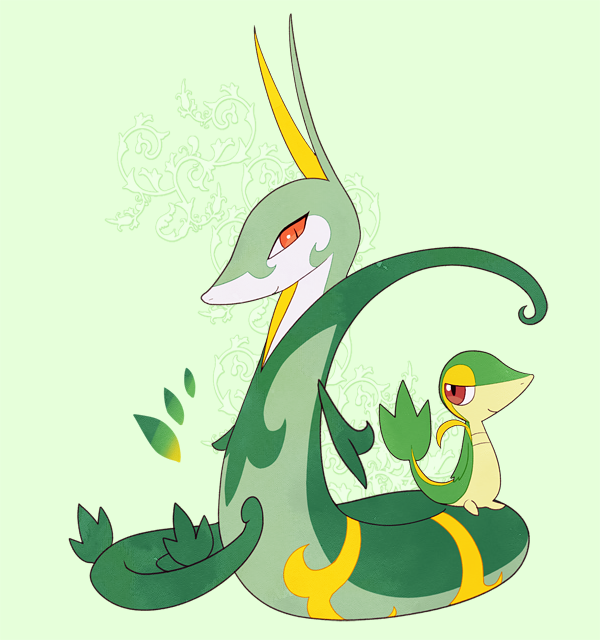 arm_at_side brown_eyes closed_mouth commentary_request green_background jaho no_humans orange_eyes pokemon pokemon_(creature) serperior smile snake snivy standing