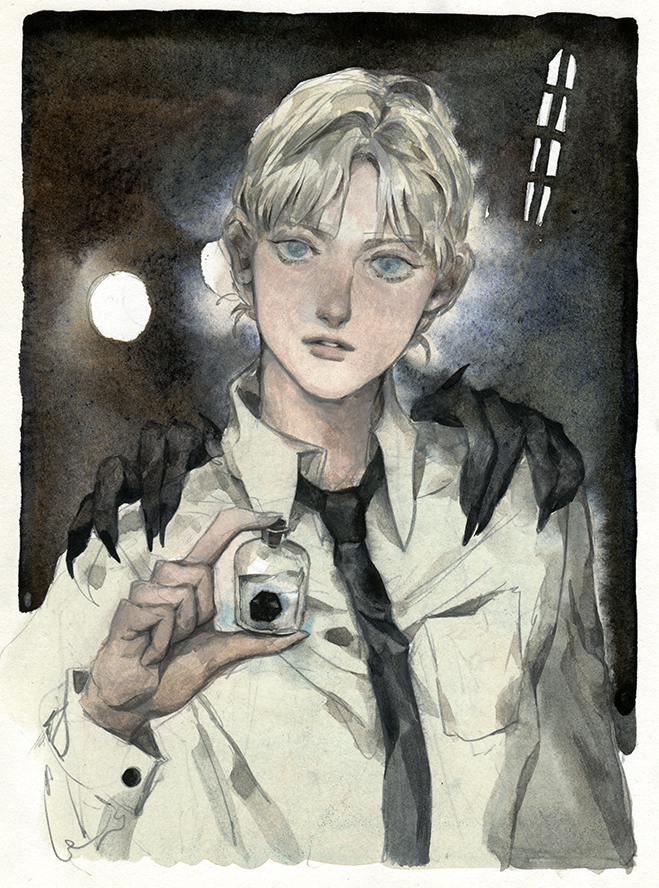 1girl bangs blonde_hair blue_eyes bottle breadmonster collared_shirt darkness hand_up hands_on_shoulders holding horror_(theme) looking_at_viewer necktie original painting_(medium) parted_bangs parted_lips shirt traditional_media updo watercolor_(medium)