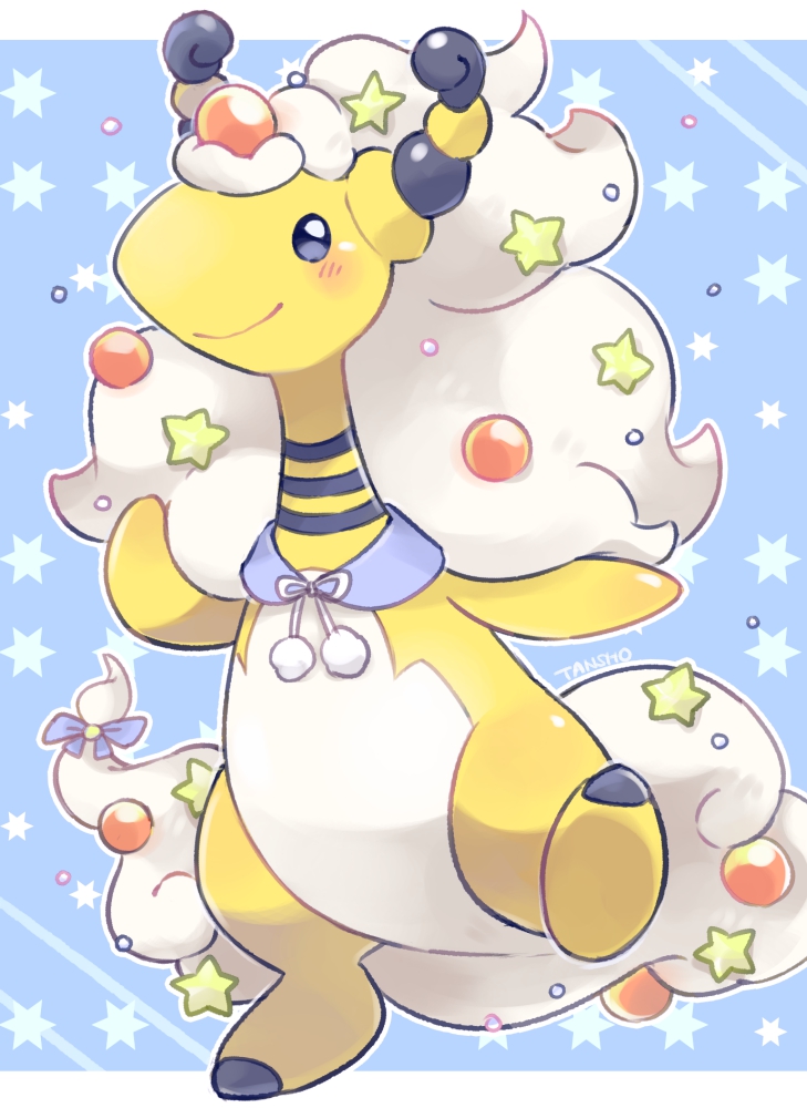 ampharos black_eyes blush closed_mouth commentary_request full_body happy leg_up mega_ampharos mega_pokemon no_humans pokemon pokemon_(creature) signature smile solo standing standing_on_one_leg star_(symbol) tansho