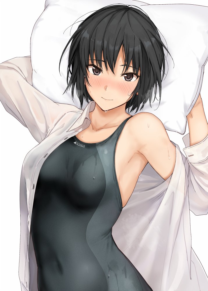 1girl amagami black_eyes black_hair black_swimsuit bob_cut breasts competition_swimsuit dress_shirt looking_at_viewer medium_breasts mobu nanasaki_ai one-piece_swimsuit pillow shirt solo swimsuit swimsuit_under_clothes upper_body