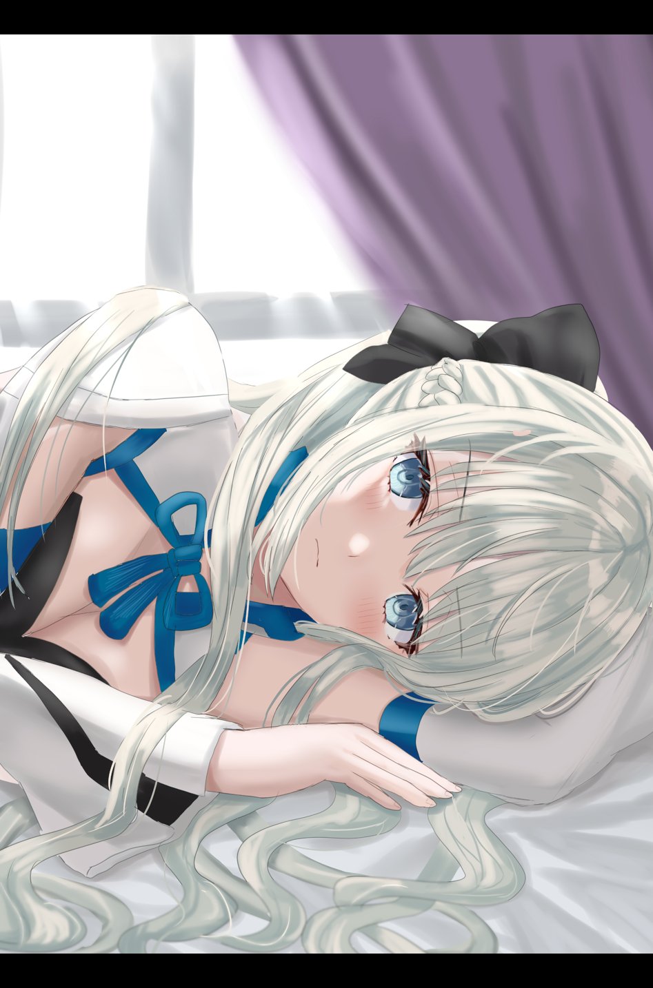 1girl bangs bare_shoulders black_bow black_leotard blush bow braid breasts closed_mouth commentary_request detached_sleeves eyebrows_visible_through_hair fate/grand_order fate_(series) grey_eyes grey_hair hair_between_eyes hair_bow hand_on_hip haruka_(hruk360) leotard long_hair long_sleeves looking_at_viewer medium_breasts morgan_le_fay_(fate) ponytail signature simple_background solo very_long_hair white_background white_sleeves