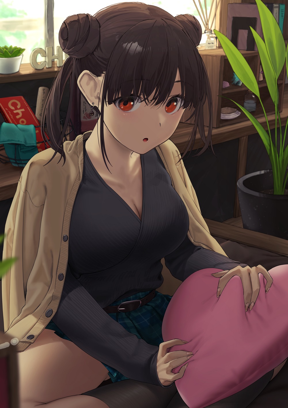 1girl bangs belt black_legwear black_sweater blue_skirt breasts brown_belt brown_cardigan brown_hair cardigan commentary_request double_bun earrings eyebrows_visible_through_hair heart heart_pillow highres idolmaster idolmaster_shiny_colors indian_style indoors jewelry kneehighs large_breasts looking_at_viewer medium_hair noeru parted_lips pillow plaid plaid_skirt plant potted_plant red_eyes sitting skirt sleeves_past_wrists solo sonoda_chiyoko sweater