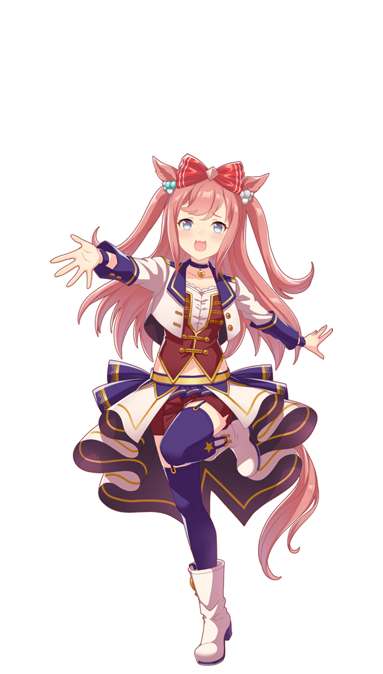 1girl agnes_digital_(umamusume) animal_ears arms_at_sides blue_eyes bow collarbone hair_bow highres horse_ears horse_girl horse_tail leg_up long_hair midriff navel official_alternate_costume official_art open_mouth pink_hair shoes shorts tail thigh-highs transparent_background umamusume