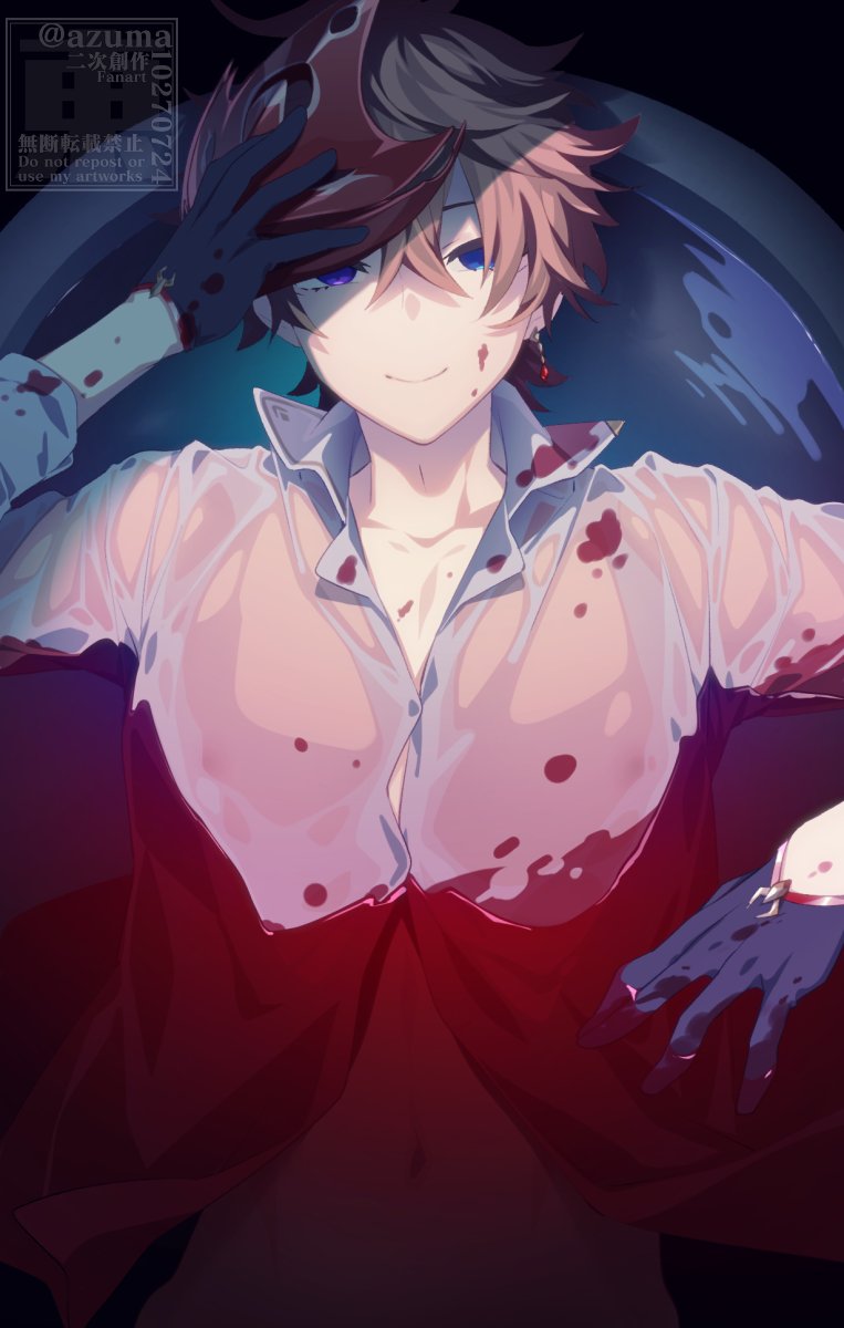 1boy azuma_(azuma10270724) bangs bathtub black_background black_gloves blood blood_on_clothes blood_on_face blood_on_hands blue_eyes earrings genshin_impact gloves hair_between_eyes highres holding holding_mask jewelry looking_at_viewer male_focus mask nipples orange_hair partially_submerged see-through shirt simple_background single_earring smile solo symbol-only_commentary tartaglia_(genshin_impact) twitter_username upper_body water watermark wet wet_clothes white_shirt