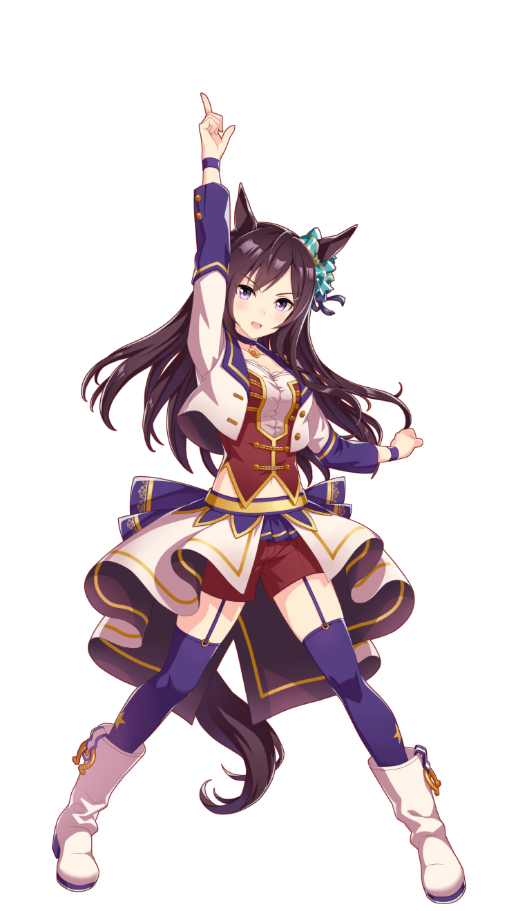 1girl animal_ears arm_up black_hair breasts full_body hair_ornament highres horse_ears horse_girl horse_tail looking_at_viewer medium_breasts mejiro_dober_(umamusume) midriff navel official_alternate_costume official_art open_mouth shorts tail thigh-highs transparent_background umamusume violet_eyes