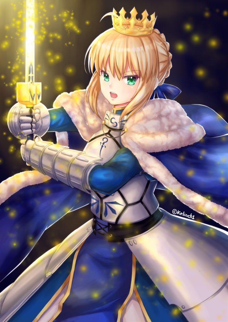 1girl ahoge armor armored_dress artoria_pendragon_(all) blonde_hair blue_eyes braid capelet cloak clouds crown dress excalibur fate/grand_order fate/stay_night fate_(series) gauntlets hair_ribbon highres kelinch1 long_sleeves looking_at_viewer ribbon saber solo sword weapon