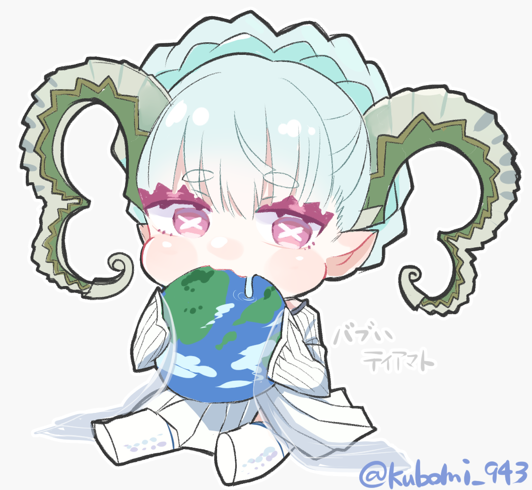 +_+ 1girl bangs braid chibi crown_braid curled_horns dress drooling earth_(planet) eating fate/grand_order fate/grand_order_arcade fate_(series) horns kubomi_943 larva_tiamat long_hair long_horns long_sleeves pink_eyes planet pointy_ears ribbed_dress silver_hair solo symbol-shaped_pupils tiamat_(fate) translation_request white_dress white_legwear