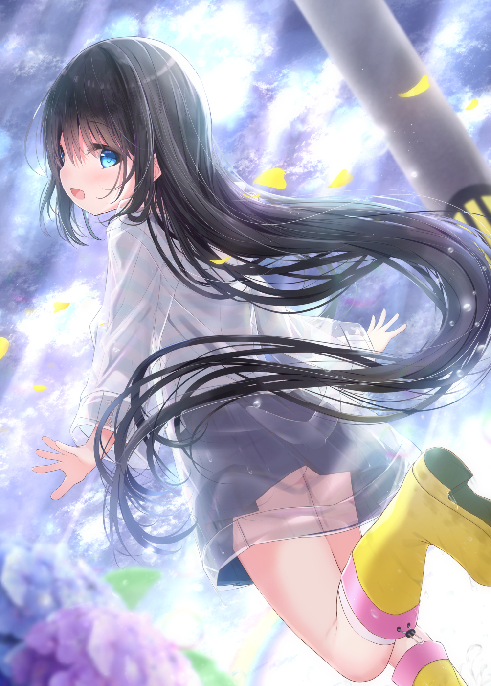 1girl :d bangs black_hair black_skirt blue_eyes blue_flower blurry blurry_background blurry_foreground blush boots clouds cloudy_sky commentary_request depth_of_field eyebrows_visible_through_hair flower hair_between_eyes highres hydrangea knee_boots kouda_suzu long_hair long_sleeves looking_at_viewer looking_back original outdoors petals pleated_skirt pole purple_flower raincoat see-through shirt shoe_soles skirt sky smile solo standing standing_on_one_leg sunlight very_long_hair white_shirt yellow_footwear