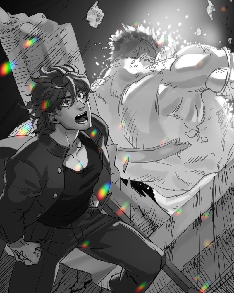 2boys back black_background black_hair dagon_(housamo) damaged greyscale jacket jewelry light_rays male_focus master_4_(housamo) monochrome multiple_boys muscular muscular_male open_mouth oyatsu_(hana) pectoral_cleavage pectorals pillar rubble shirt sword tattoo tokyo_afterschool_summoners weapon