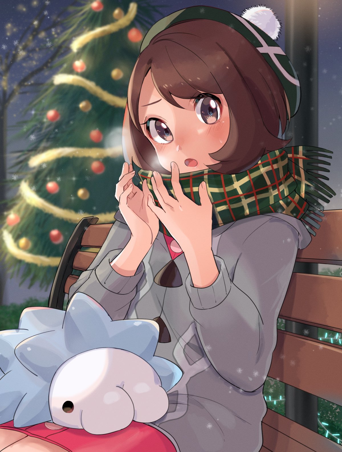 1girl bangs bench blush bob_cut breath brown_eyes brown_hair cable_knit cardigan christmas christmas_tree cold commentary_request dress gloria_(pokemon) green_headwear green_scarf grey_cardigan hands_up hat highres looking_at_viewer night on_lap open_mouth outdoors pink_dress plaid plaid_scarf pokemon pokemon_(creature) pokemon_(game) pokemon_on_lap pokemon_swsh ririmon scarf short_hair sitting sky snom snowing tam_o'_shanter tongue