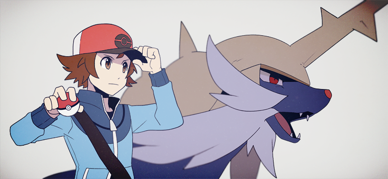 1boy black_shirt blue_jacket blurry brown_eyes brown_hair closed_mouth commentary_request grey_background hand_on_headwear hat hilbert_(pokemon) holding holding_poke_ball jacket jaho long_sleeves male_focus poke_ball poke_ball_print pokemon pokemon_(creature) pokemon_(game) pokemon_bw red_headwear samurott shirt short_hair simple_background