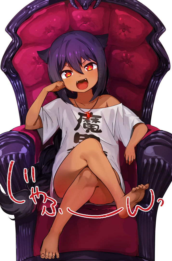 1girl :d arm_support armchair barefoot black_hair chair crossed_legs dark-skinned_female dark_skin fangs feet full_body gem hair_flaps jahy jahy-sama_wa_kujikenai! jewelry konbu_wakame long_hair naked_shirt necklace off_shoulder open_mouth oversized_clothes red_eyes revision shirt short_sleeves simple_background sitting smile soles solo toes v-shaped_eyebrows very_long_hair white_background white_shirt