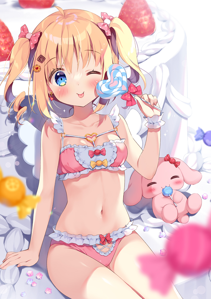 1girl ;p ahoge arm_support bangs bare_arms bare_shoulders blonde_hair blush bow bow_bra bow_panties bra breasts cake candy closed_mouth collarbone commentary_request eyebrows_visible_through_hair food frilled_bra frilled_panties frills fruit hair_between_eyes hair_bow heart_lollipop holding holding_candy holding_food holding_lollipop lollipop long_hair minigirl navel one_eye_closed original pan_(mimi) panties pink_bow pink_bra pink_panties polka_dot polka_dot_bow ringlets single_wrist_cuff sitting small_breasts smile solo strawberry stuffed_animal stuffed_bunny stuffed_toy swirl_lollipop tongue tongue_out twintails underwear underwear_only wrist_cuffs