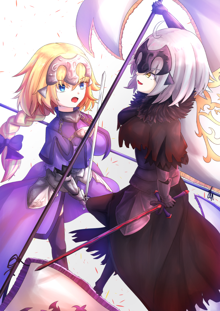 2girls ahoge armor armored_dress bangs black_legwear blonde_hair blue_legwear braid braided_ponytail breasts chain cloak clouds fate/apocrypha fate/grand_order fate_(series) flag headpiece highres holding holding_flag holding_weapon jeanne_d'arc_(alter)_(fate) jeanne_d'arc_(fate) jeanne_d'arc_(fate)_(all) kauto long_hair looking_at_viewer multiple_girls open_mouth ponytail purple_eyes short_hair silver_hair smile sword thigh-highs type-moon weapon yellow_eyes