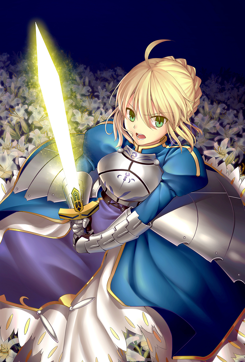 1girl ahoge artoria_pendragon_(all) blonde_hair blue_ribbon breasts cleavage_cutout clothing_cutout excalibur_(fate/stay_night) fate/grand_order fate/stay_night fate_(series) green_eyes hair_bun hair_ribbon holding holding_weapon jinky_shoujo juliet_sleeves long_sleeves medium_breasts puffy_sleeves ribbon saber solo sword weapon