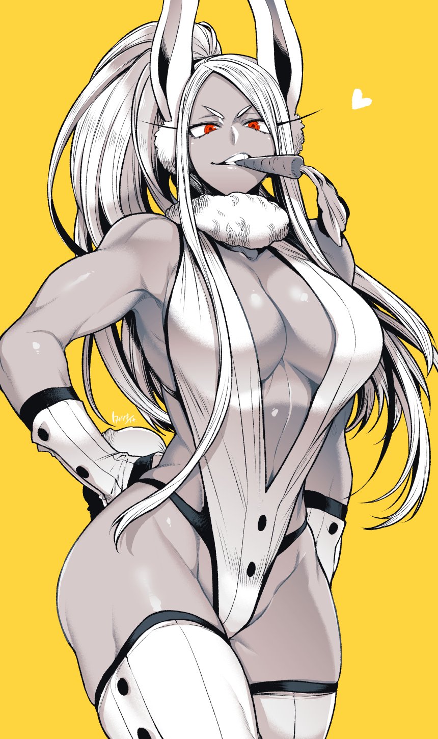 1girl alternate_hairstyle animal_ears armpits boku_no_hero_academia breasts carrot center_opening dark-skinned_female dark_skin greyscale hand_on_hip heart highres large_breasts long_hair looking_at_viewer mirko monochrome mouth_hold ponytail rabbit_ears red_eyes simple_background solo takatsuki_ichi thigh-highs yellow_background