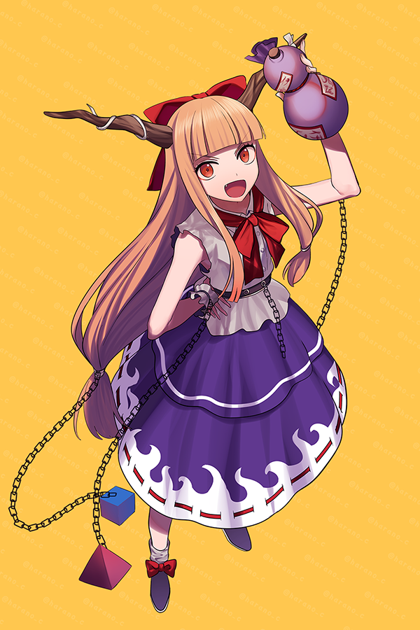 1girl arm_up bangs banned_artist belt blue_ribbon blue_skirt blush bow breasts brown_background brown_belt brown_footwear chain commentary_request cup eyelashes fang footwear_bow full_body gourd hair_bow hand_on_hip happy harano holding horn_bow horn_ornament horn_ribbon horns ibuki_suika long_hair mary_janes oni oni_horns open_mouth orange_eyes orange_hair red_bow red_eyes red_neckwear ribbon ribbon-trimmed_skirt ribbon_trim shirt shoes simple_background skirt sleeveless sleeveless_shirt small_breasts smile socks solo staff standing torn_clothes torn_sleeves touhou white_legwear white_shirt wrist_cuffs yellow_background