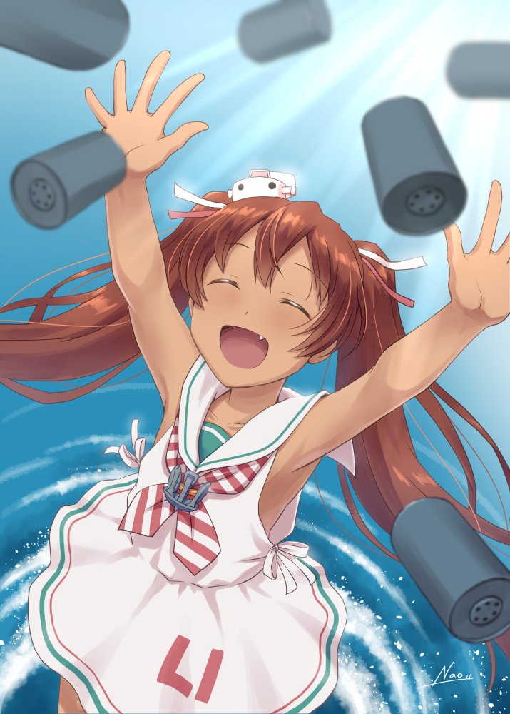 1girl brown_hair closed_eyes dark-skinned_female dark_skin depth_charge dress fang hat kantai_collection libeccio_(kancolle) long_hair mini_hat nao_(nao_eg) neckerchief open_mouth sailor_dress sleeveless sleeveless_dress solo striped_neckerchief twintails