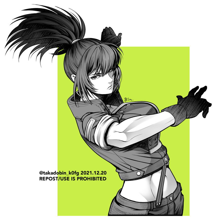 1girl bangs clenched_hand closed_mouth earrings gloves greyscale hair_between_eyes jacket jewelry leona_heidern looking_at_viewer midriff military military_uniform monochrome ponytail short_sleeves shorts solo suspenders takadobin_k0fg the_king_of_fighters triangle_earrings uniform web_address