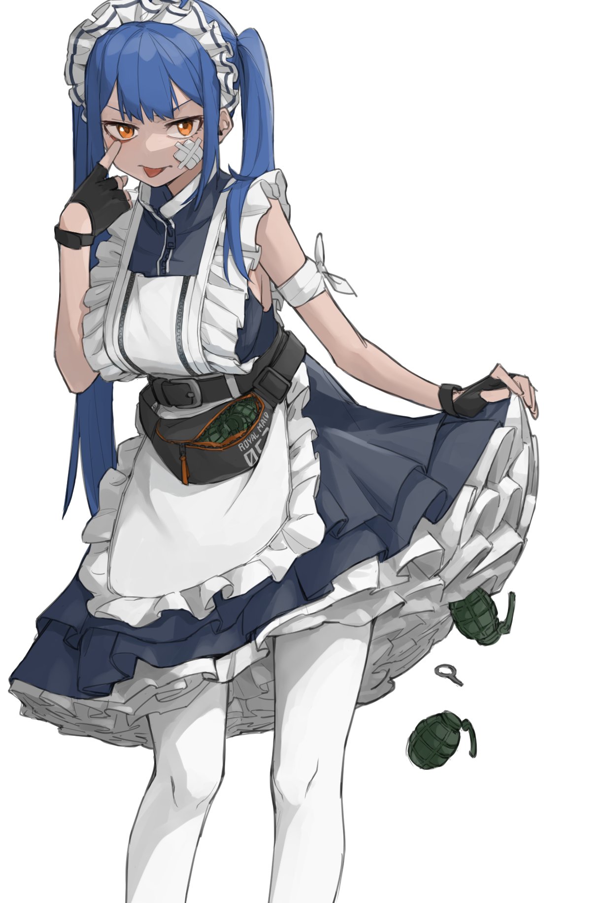 1girl :p black_gloves breasts character_request copyright_request explosive fingerless_gloves gloves grenade highres kiryuu_haru_(445) large_breasts looking_at_viewer maid maid_headdress pantyhose simple_background solo standing tongue tongue_out twintails white_background white_legwear yellow_eyes