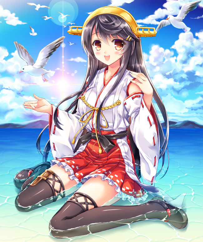 1girl :d bare_shoulders black_hair brown_eyes cannon detached_sleeves hair_ornament hairclip haruna_(kantai_collection) headgear highres kantai_collection kurenai_neiro long_hair machinery nontraditional_miko open_mouth outstretched_arms partially_submerged red_skirt remodel_(kantai_collection) sarashi skirt smile solo turret