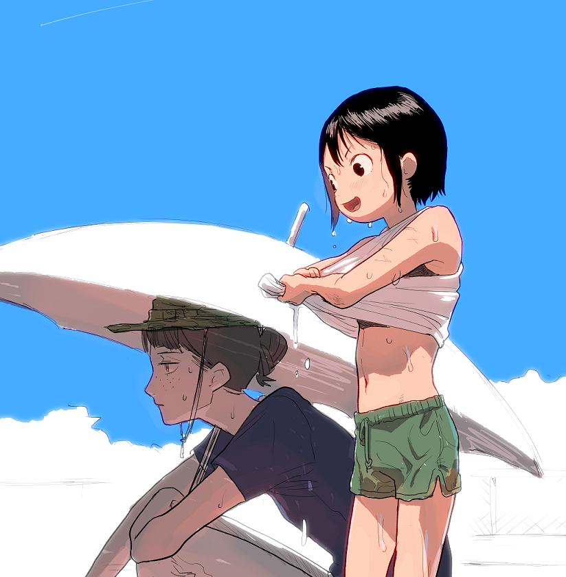 2girls asakusa_midori black_hair black_sports_bra blue_shirt blue_sky chin_strap closed_mouth clothes_lift clouds day eizouken_ni_wa_te_wo_dasu_na! freckles green_shorts hair_bun hat holding holding_umbrella kanamori_sayaka katsuoboshi lifted_by_self multiple_girls open_mouth outdoors parasol shirt shirt_lift short_hair short_sleeves shorts sky smile sports_bra tank_top umbrella v-shaped_eyebrows wet wet_clothes white_tank_top white_umbrella