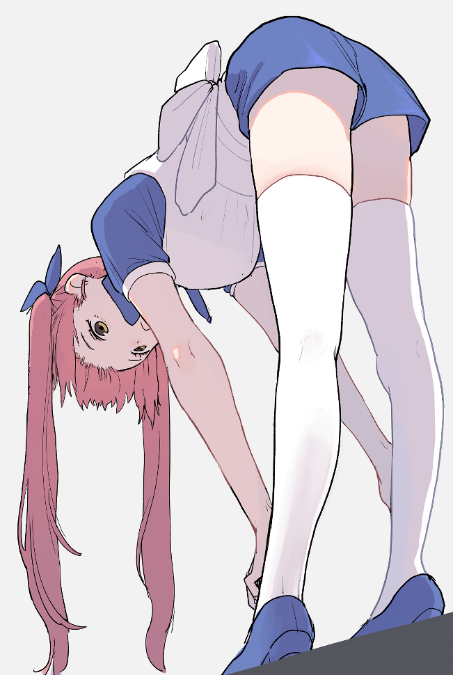 1girl apron blue_footwear blue_ribbon blue_shirt blue_shorts brown_eyes closed_mouth commentary_request from_behind from_below full_body grey_background hair_ribbon katsuoboshi long_hair omega_rio omega_sisters pink_hair pout ribbon shirt short_sleeves shorts simple_background solo thigh-highs touching_toes twintails virtual_youtuber white_apron white_legwear