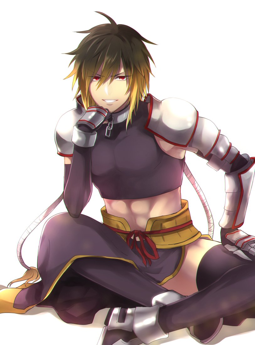 1boy albel_nox armor brown_hair crop_top gloves looking_at_viewer male_focus midriff morino_mizu multicolored_hair muscular red_eyes shoulder_armor simple_background smile solo star_ocean star_ocean_anamnesis star_ocean_till_the_end_of_time thigh-highs white_background