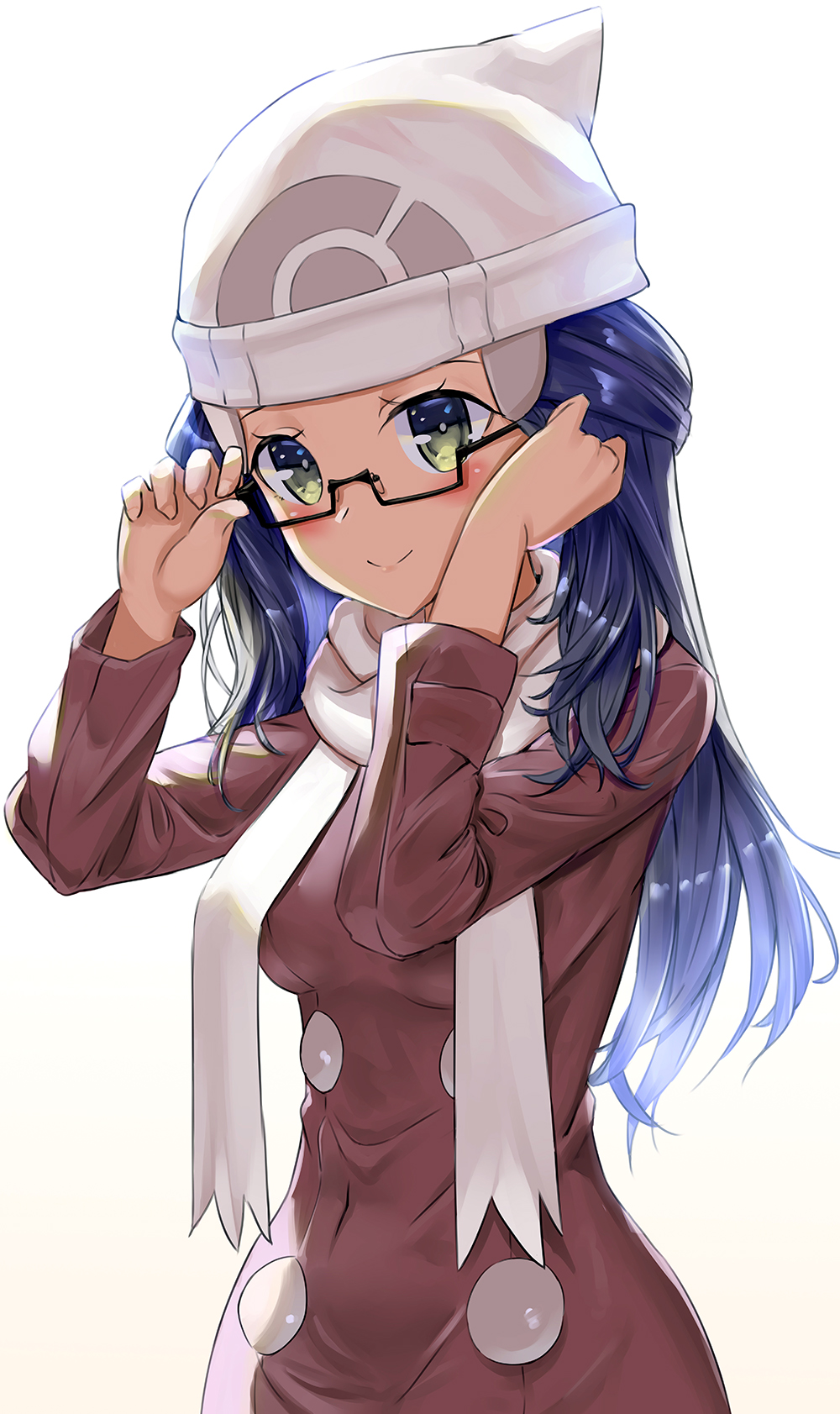 1girl adjusting_eyewear beanie bespectacled black-framed_eyewear blue_hair blush breasts brown_dress closed_mouth covered_navel dantahi01 dress glasses green_eyes hair_ornament hairclip hat highres hikari_(pokemon) long_sleeves looking_at_viewer medium_breasts pokemon pokemon_(game) pokemon_bdsp scarf semi-rimless_eyewear smile solo under-rim_eyewear white_headwear white_scarf