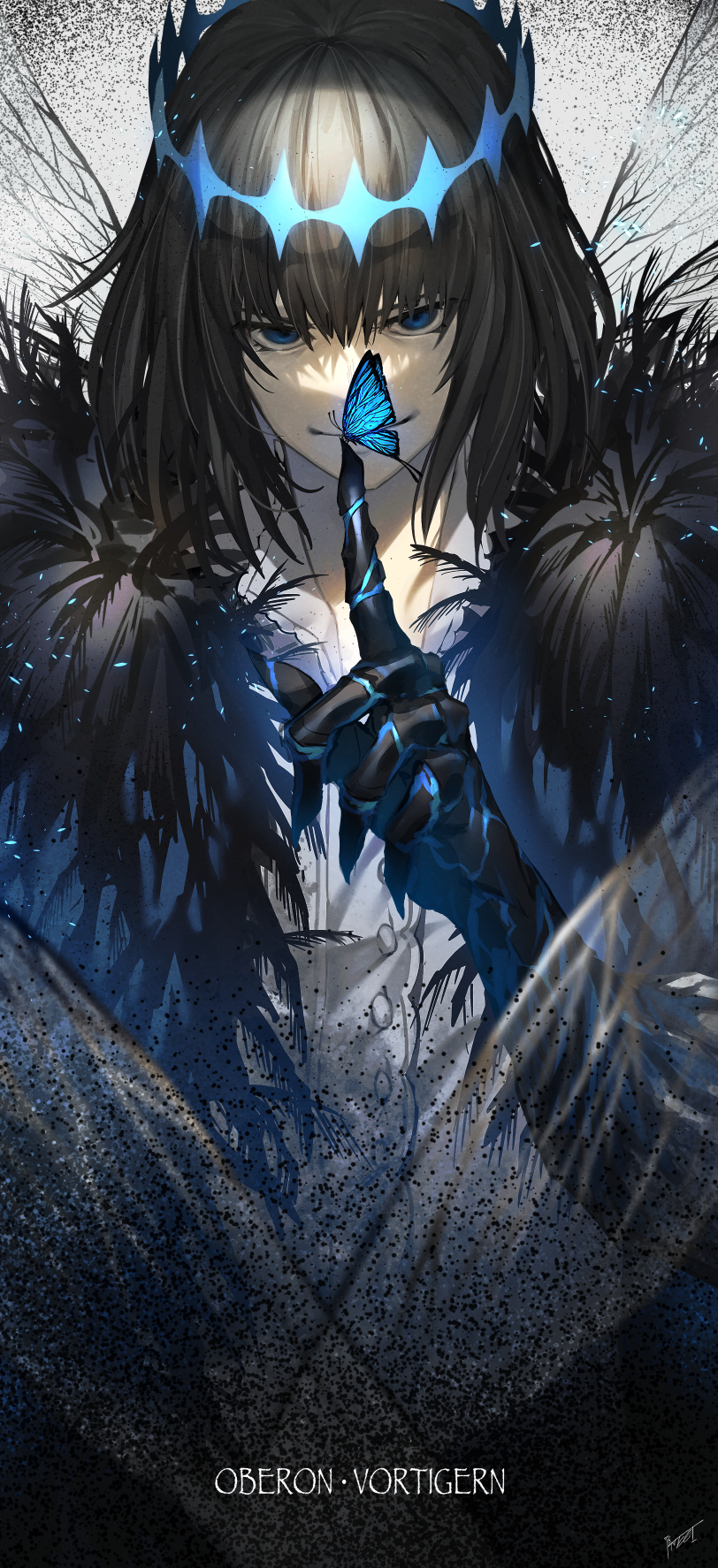 1boy arthropod_boy bangs black_hair blue_butterfly blue_eyes bug butterfly cape character_name closed_mouth crown diamond_hairband fate/grand_order fate_(series) fur-trimmed_cape fur_trim hand_up highres insect_on_finger insect_wings kamonegi_(meisou1998) looking_at_viewer male_focus medium_hair oberon_(fate) shirt signature smile solo spoilers standing upper_body white_shirt wings
