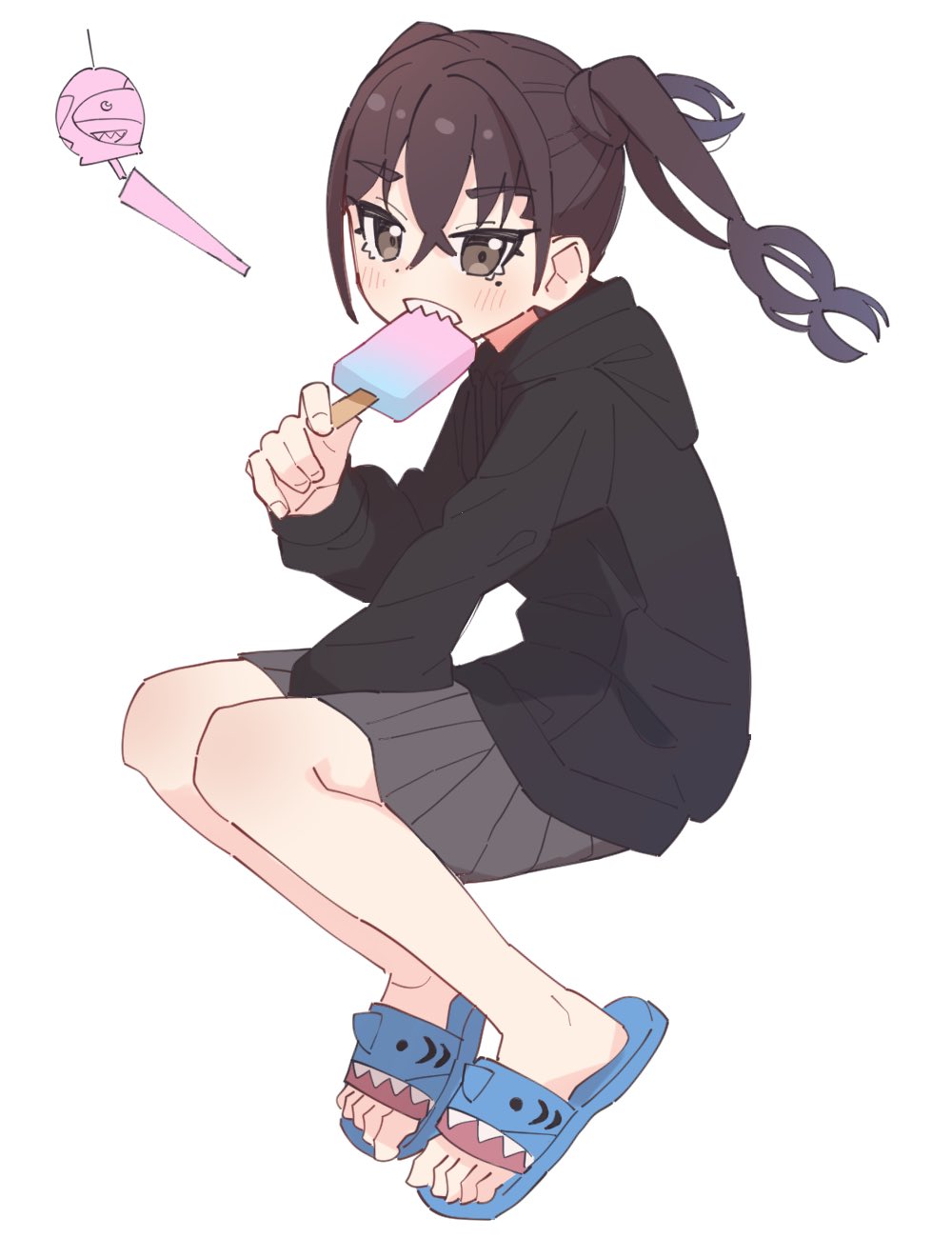 1girl bangs bare_legs black_hoodie black_skirt blush brown_hair commentary_request food full_body highres holding holding_food hood hoodie idolmaster idolmaster_cinderella_girls invisible_chair kamo_(kamonabe_44) long_hair long_sleeves looking_at_viewer mole mole_under_eye popsicle sandals sharp_teeth simple_background sitting skirt solo sunazuka_akira teeth twintails white_background wind_chime