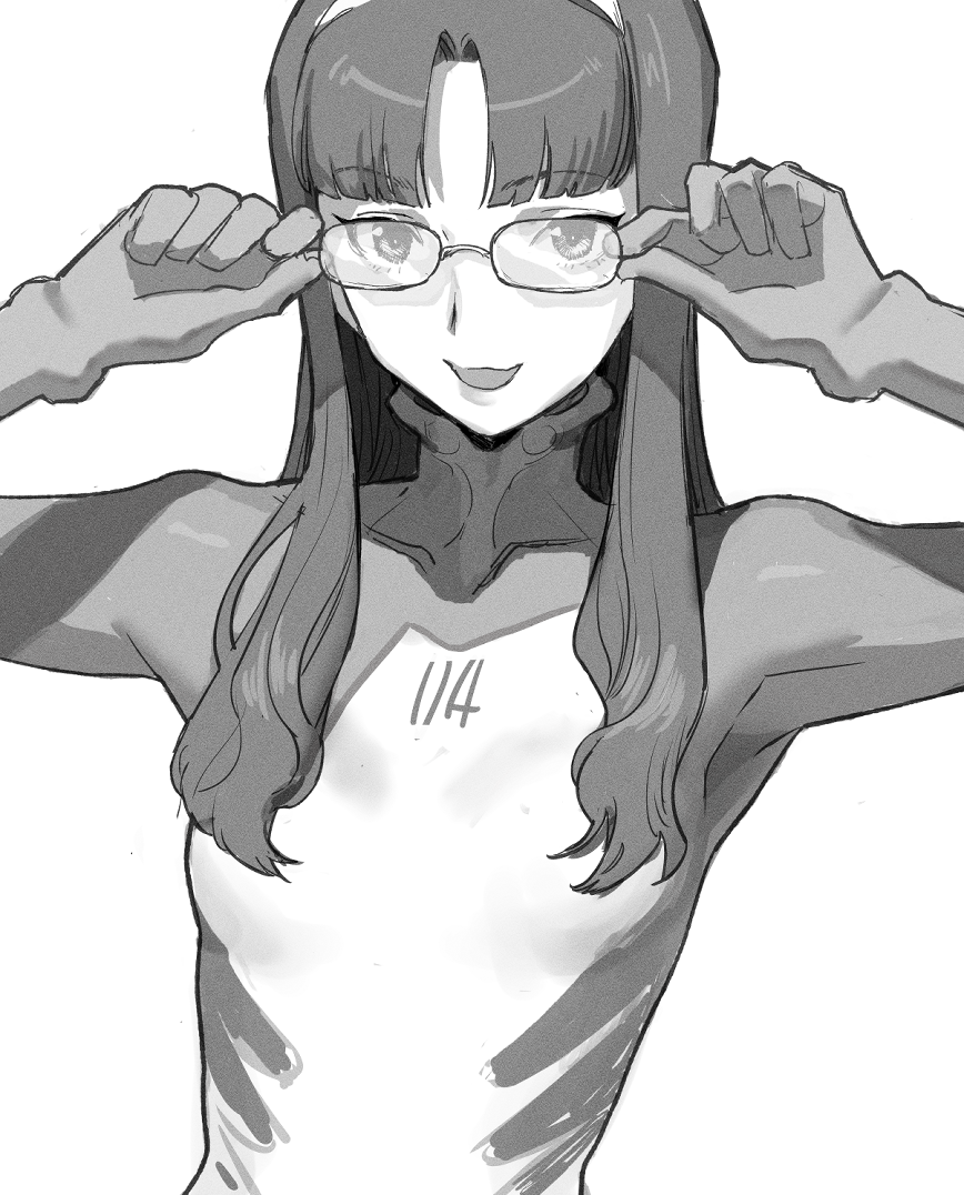 1girl adjusting_eyewear alternate_breast_size breasts commentary_request eyebrows_visible_through_hair glasses greyscale katsuoboshi long_hair looking_at_viewer makinami_mari_illustrious monochrome neon_genesis_evangelion open_mouth plugsuit rebuild_of_evangelion skin_tight small_breasts smile solo upper_body