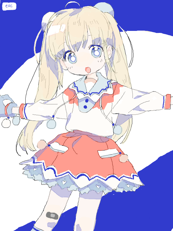 1girl :d ahoge bad_id bandaid bandaid_on_knee bangs blonde_hair blue_background blue_eyes blue_gloves bright_pupils collared_shirt drawr drawstring eyebrows_visible_through_hair eyes_visible_through_hair feet_out_of_frame frills gloves head_tilt high-waist_skirt jaggy_line kwgt limited_palette long_hair long_sleeves looking_at_viewer miniskirt no_nose oekaki open_mouth original outstretched_arms petticoat pleated_skirt pom_pom_(clothes) red_skirt shirt shirt_tucked_in skirt sleeve_cuffs smile solo spread_arms standing tareme tube_socks twintails two-tone_background white_background white_pupils white_shirt wing_collar