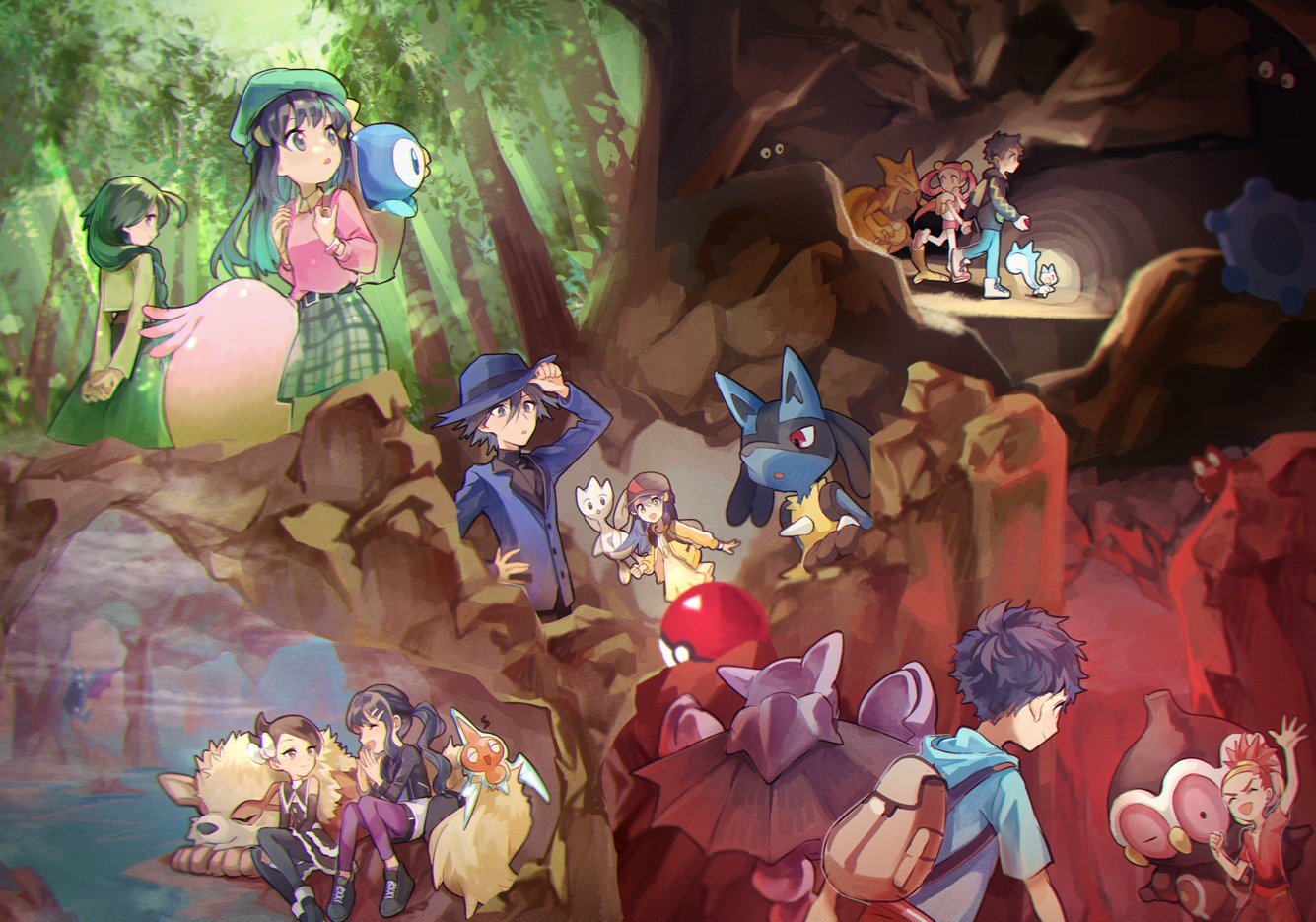 3boys 4girls :d arcanine arm_up backpack bag bangs belt black_belt black_dress black_footwear black_hair black_legwear black_shirt blue_headwear blue_jacket boots braid bronzor brown_bag buck_(pokemon) cave_interior chansey cheryl_(pokemon) claydol closed_eyes collared_shirt commentary_request day dress forest gliscor golbat green_hair green_headwear green_jacket green_skirt hair_between_eyes hair_ornament hair_over_shoulder hairclip hat hikari_(pokemon) holding_strap huan_li jacket kadabra long_hair long_sleeves lucario lucas_(pokemon) magcargo marley_(pokemon) mira_(pokemon) multiple_boys multiple_girls nature outdoors pachirisu pantyhose pink_hair pink_sweater piplup plaid plaid_skirt poke_ball poke_ball_(basic) pokemon pokemon_(creature) pokemon_(game) pokemon_bdsp ponytail redhead riley_(pokemon) rotom rotom_(normal) shirt shoes short_dress short_hair shorts single_braid sitting skirt smile spiky_hair standing sweater togetic tree twintails