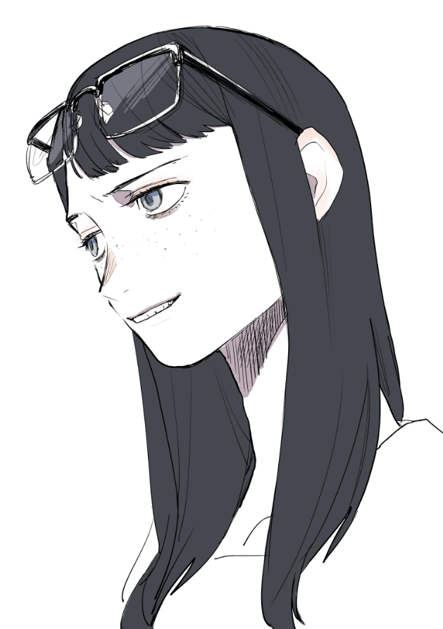 1girl black_hair commentary_request eizouken_ni_wa_te_wo_dasu_na! eyewear_on_head freckles glasses grey_eyes kanamori_sayaka katsuoboshi light_smile long_hair parted_lips portrait solo teeth