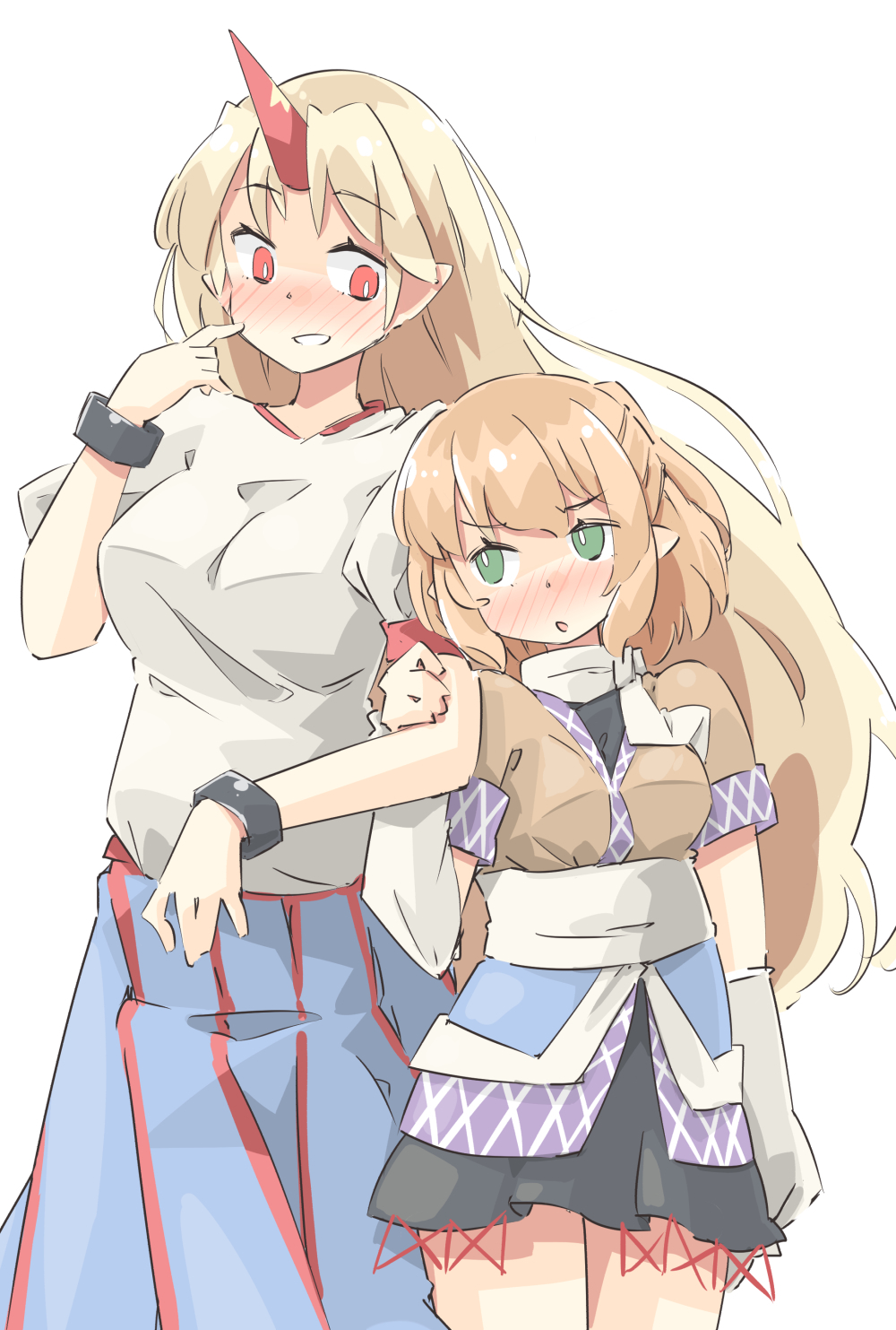 2girls :o arm_at_side arm_warmers arnest bangs blonde_hair blue_skirt blush breasts bright_pupils couple cowboy_shot cuffs embarrassed eye_contact eyebrows_visible_through_hair finger_to_cheek finger_to_face floating_hair full-face_blush green_eyes grin half_updo hand_on_another's_arm hand_up height_difference highres holding_another's_arm horns hoshiguma_yuugi index_finger_raised japanese_clothes large_breasts layered_clothing long_hair looking_at_another looking_down looking_to_the_side looking_up medium_breasts mizuhashi_parsee multiple_girls nose_blush obi oni_horns pale_color parted_lips pleated_skirt pointy_ears red_horns sash shackles shiny shiny_hair shirt shirt_tucked_in short_hair short_sleeves shy simple_background single_horn skirt sleeve_cuffs smile standing t-shirt tall tall_female touhou v-shaped_eyebrows very_long_hair white_background white_pupils white_sash white_shirt yuri