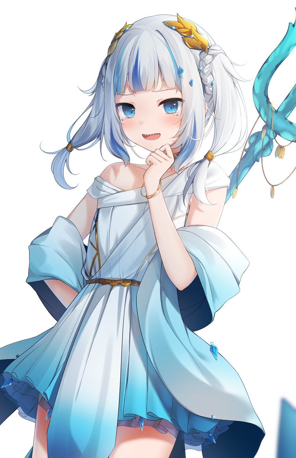 1girl :d amashiro_natsuki bangs blue_dress blue_eyes blue_hair braid commentary dress gawr_gura gradient_dress grey_hair hand_up highres hololive hololive_english long_hair looking_at_viewer multicolored_hair off_shoulder polearm sharp_teeth simple_background smile solo streaked_hair teeth trident twintails virtual_youtuber weapon white_background white_dress