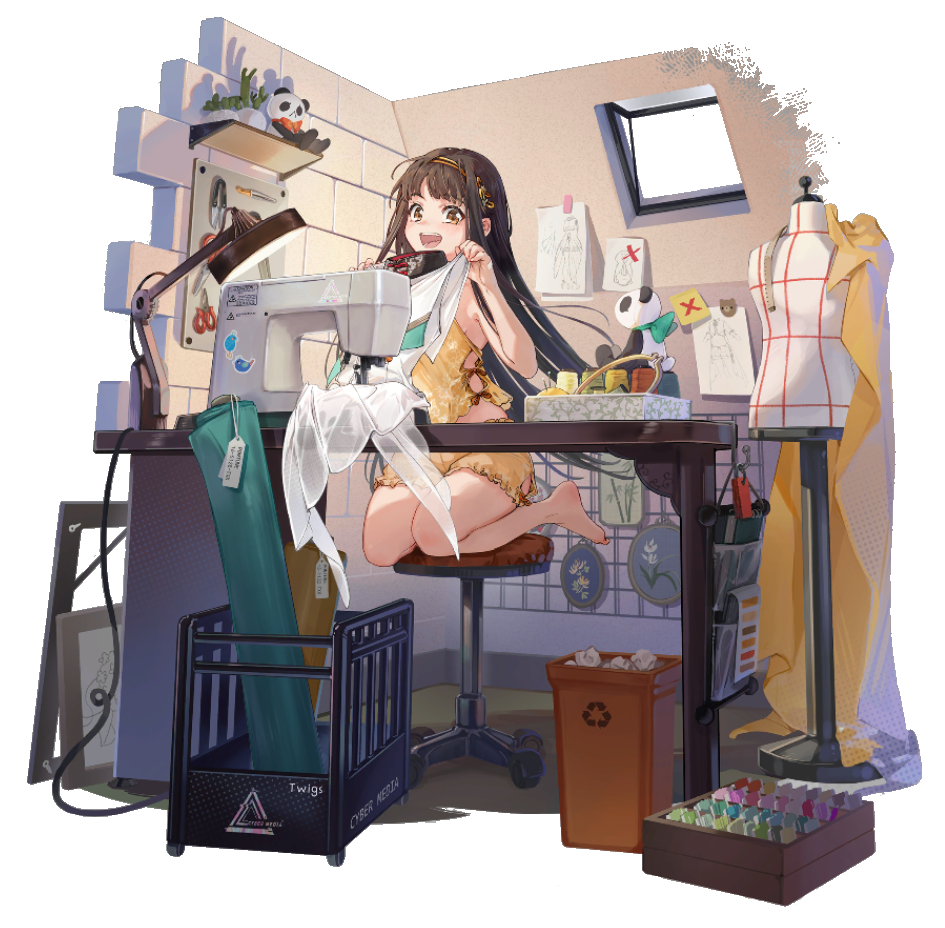 1girl :d brown_eyes brown_hair character_name desk_lamp dress embroidery_hoop fabric frilled_underwear full_body game_cg girls'_frontline_neural_cloud girls_frontline holding holding_clothes holding_dress indoors lamp looking_at_viewer official_art on_stool qbu-88_(girls'_frontline) recycle_bin scissors sewing sewing_machine shuzi smile spool stool stuffed_animal stuffed_panda stuffed_toy tape_measure thread transparent_background underwear underwear_only white_dress window