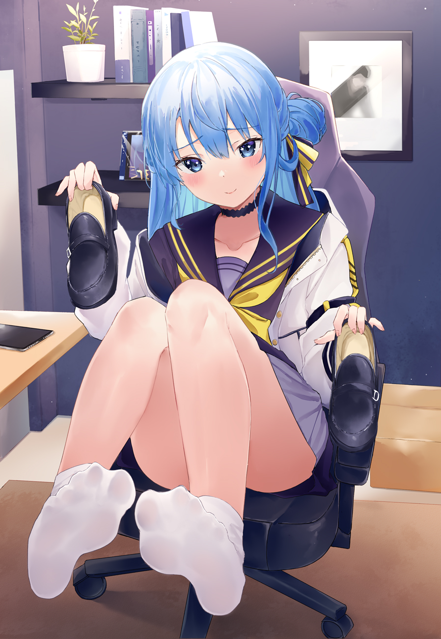 1girl blue_eyes blue_hair blush cellphone chair choker collarbone eyebrows_visible_through_hair hair_bun highres hololive hoshimachi_suisei jacket kou_futoshi long_hair looking_at_viewer mary_janes phone school_uniform shoes shoes_removed sitting smile socks soles solo virtual_youtuber