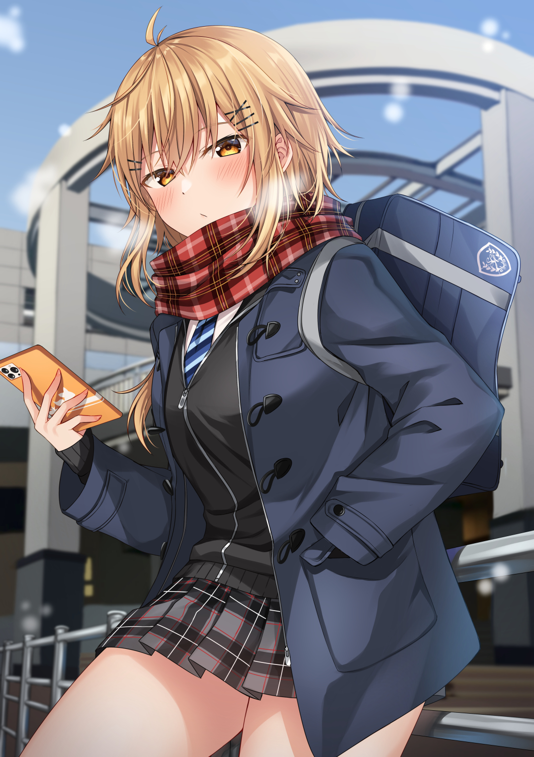 1girl bag bangs black_jacket blonde_hair blue_necktie blush breasts breath brown_eyes cellphone closed_mouth commentary_request day diagonal-striped_neckwear diagonal_stripes eyebrows_visible_through_hair grey_skirt hair_between_eyes hair_ornament hairclip hand_in_pocket highres holding holding_phone jacket komori_kuzuyu long_sleeves medium_breasts nao_(kuzuyu) necktie open_clothes open_jacket original outdoors phone plaid plaid_scarf plaid_skirt pleated_skirt red_scarf scarf school_bag school_uniform skirt sleeves_past_wrists solo striped x_hair_ornament