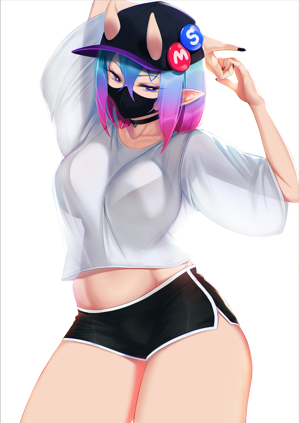 1girl arms_up baseball_cap black_choker black_headwear black_nails black_shorts blue_hair blueorca bra_visible_through_clothes breasts choker commentary_request cowboy_shot dolphin_shorts gradient_hair hair_between_eyes hat highres horns horns_through_headwear large_breasts mask midriff mouth_mask multicolored_hair nail_polish oni oni_horns original own_hands_together pink_hair pointy_ears purple_headwear see-through_silhouette shirt short_hair short_shorts short_sleeves shorts solo standing stretch t-shirt two-tone_hair two-tone_headwear violet_eyes white_shirt wide_sleeves